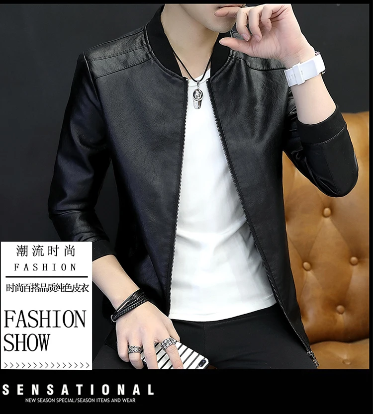 Spring MEN'S Leather Coat Three Bars Leather Coat Men's Spring And Autumn MEN'S Leather Coat Korean-style Slim Fit PU Leath
