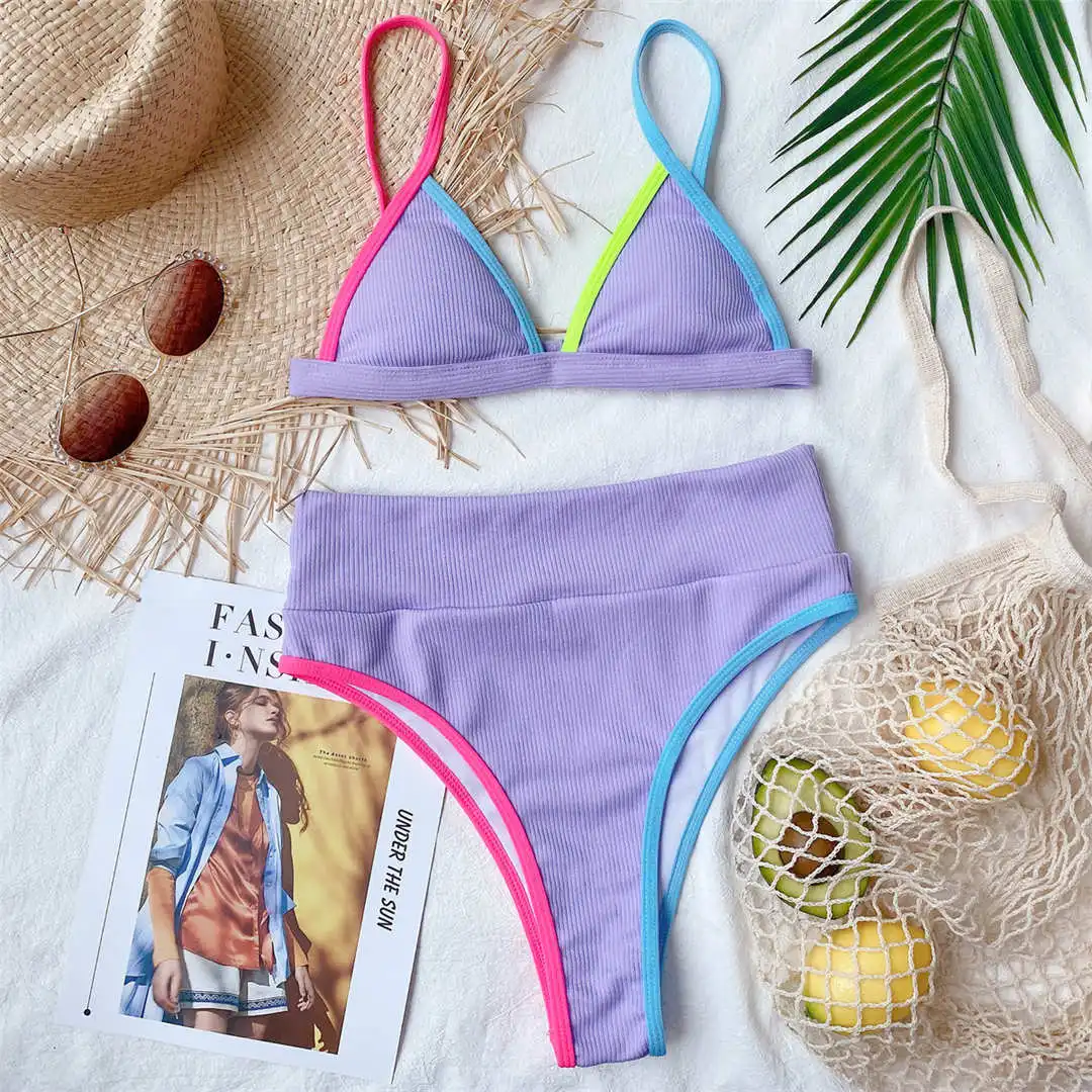 4 Colors Ribbed High Waist Bikini Female Swimsuit Women Swimwear Two-pieces Bikini set Print Bather Bathing Suit Swim Lady V2443