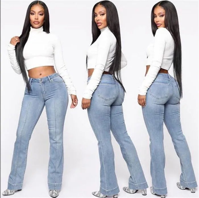 

2020 Women Boot Cut Jeans High Waist Skinny Elastic Wide Leg Denim Pants Fashion Butt Push Up Light Blue Female Bell-Bottom Jean