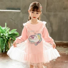 Весенне-осеннее платье-свитер для девочек; платье для малышей; детская одежда; детское платье с вышивкой в виде единорога и рюшами; сетчатая нашивка; для детей 4-14 лет