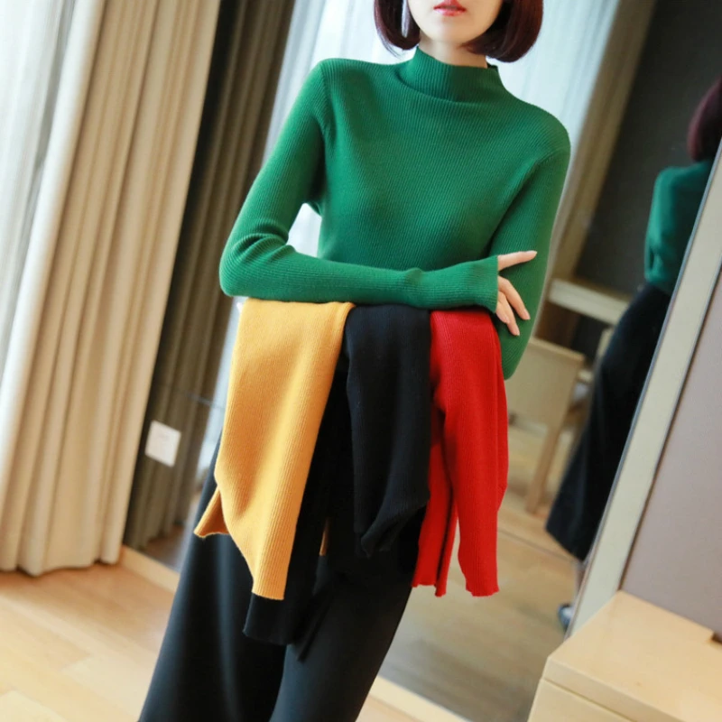 

Solid Fall Sweater Knitted Pullover 2019 New Arrival Long Sleeve Half Turtleneck Knitwear Fashion Women Jumper Black Sweater