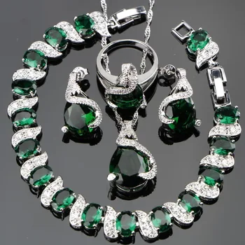 

Green Zircon Bridal Silver 925 Jewelry Sets Women Charms Bracelets Pendant&Necklace Rings Earrings With Stones Set Gift Box