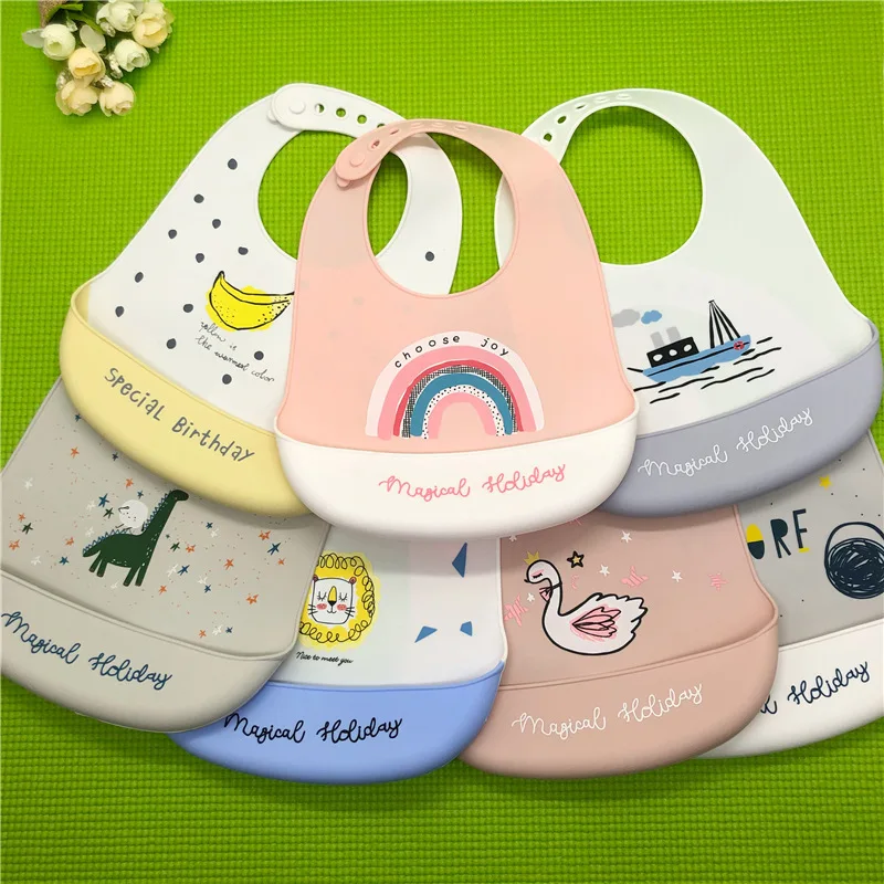 Adjustable 0-3T Baby Bib Food Grade Silicone Waterproof Newborn Cartoon Stuff Feeding Accessories | Детская одежда и обувь