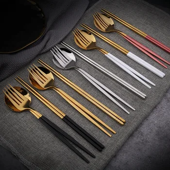 

Tableware For Kitchen Dinner Cutlery Set Stainless Steel Fork Spoon Tourist Dinnerware Chopsticks With Box Tools