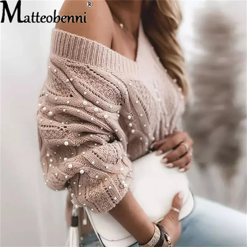 Autumn Winter 2021 Pearl Casual Loose Sweater Women Knitted Jumper Pullovers Fashion Long Sleeve V Neck Pull Femme Oversized