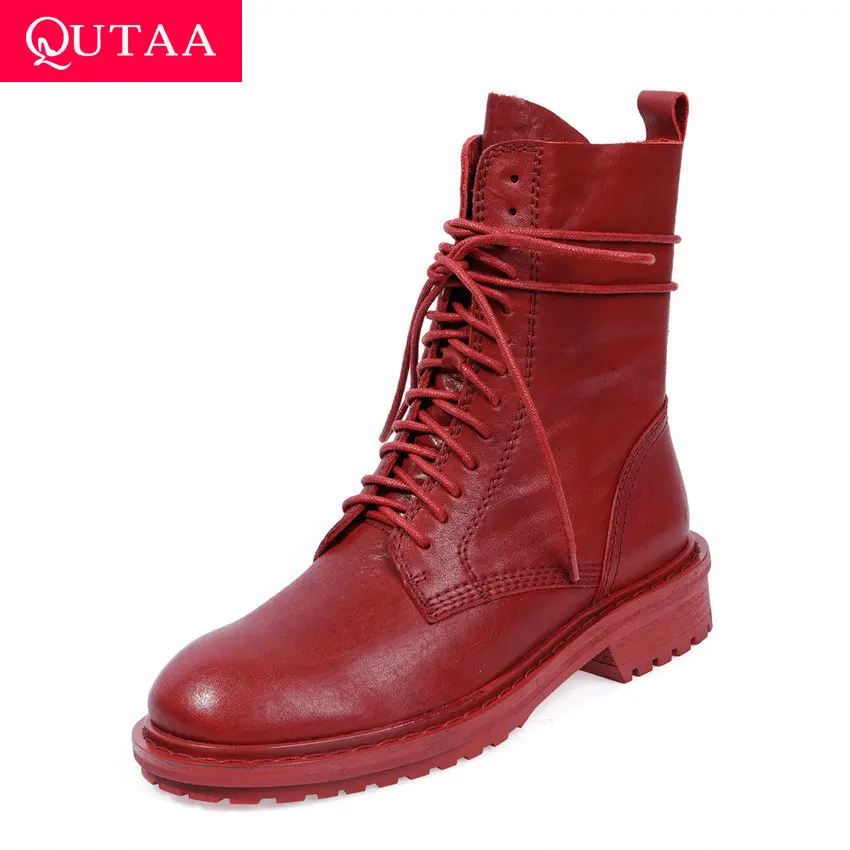 

QUTAA 2020 Quality Horse Skin Square Heel Comfort Mid Calf Boots Round Toe Lace Up Zipper Autumn Winter Women Shoes Size 34-41
