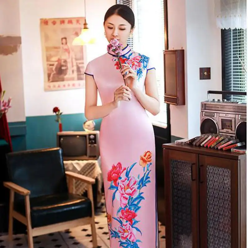

2019 New Elegent Women Stand Collar Short Sleeve Dresses Simulation Silk Split Long Low Open Dress Retro Female Cheongsam