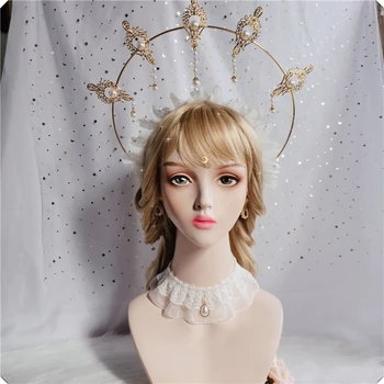 

Handmade KC Crown Headband Pearl Tassel Sun Apollo Halo Church Angel Hanfu Goddess of the Sun Hair Accessories Lolita Headwear