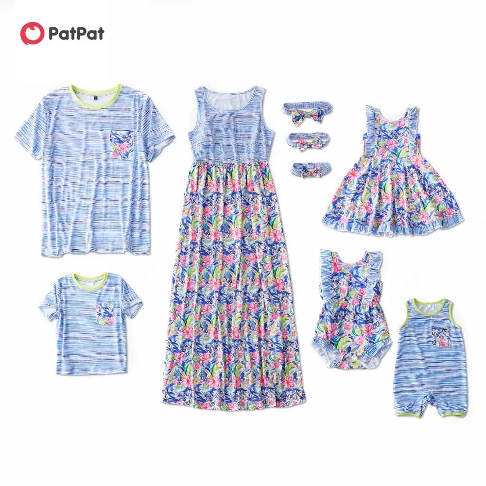PatPat 2021 New Mosaic Family Matching Floral Print Flutter-sleeve Tank Dresses Stripe
