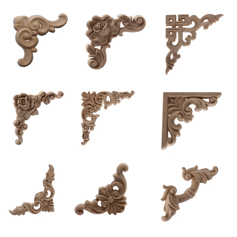 Carved Unpainted European Long Floral Leaves Rubber Wood Furniture Window Corner Wood Applique Onlay Figurines Ornament crafts miniature figurines Ornamental
