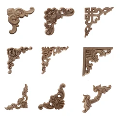 Carved Unpainted European Long Floral Leaves Rubber Wood Furniture Window Corner Wood Applique Onlay Wood Figurines Ornamental