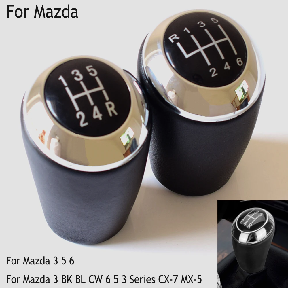 Manual Gear Shift Stick Knob Lever Shifter 5/6 Speed For Mazda3 BK BL CW 6 5 3 Series CX-7 MX-5 Leather+Chrome Panel Car Styling