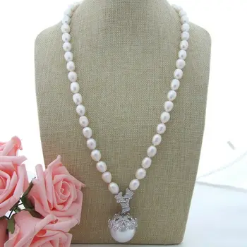 

H121205 27'' White Rice Pearl Necklace Sea Shell Pearl Pendant