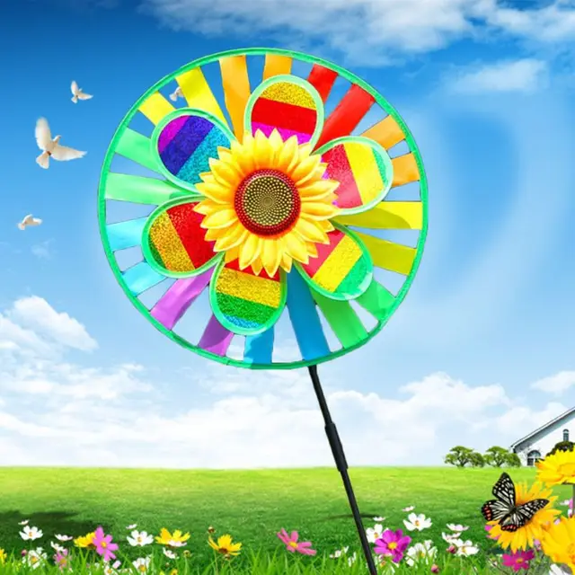 OOTDTY Double Layer Sequin Sunflower Windmill Wind Spinner Colorful Pinwheel Home Garden Yard Decoration Kids Baby Outdoor Toys 1