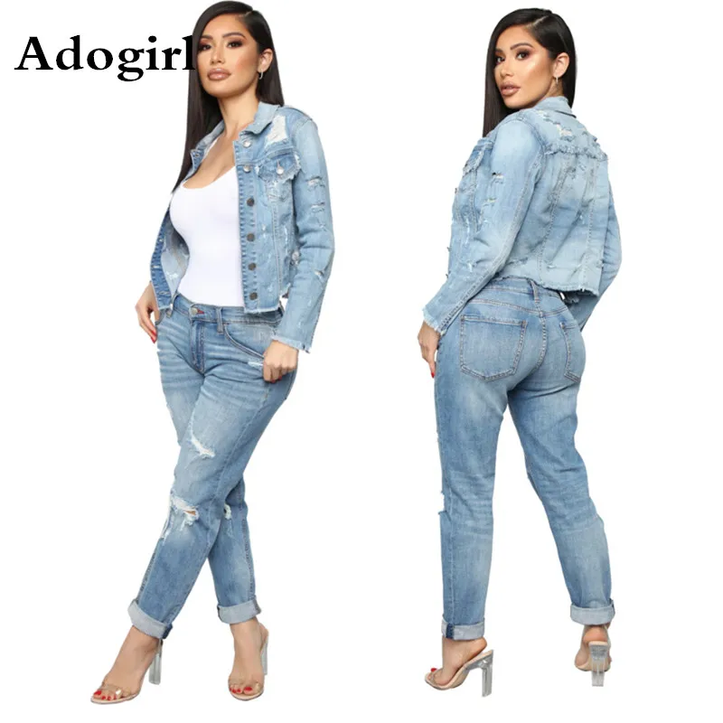 

Adogirl Women Autumn Winter Hole Pockets Washed Slim Jean Jackets Full SleeveButton Denim Active Wear High Street Outwear