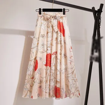 

Floral Skirts Women Bohemian Flower Long Skirt Summer Beach Sunny Bowknot Skirts Chiffon High Waist Skirt New Arrival