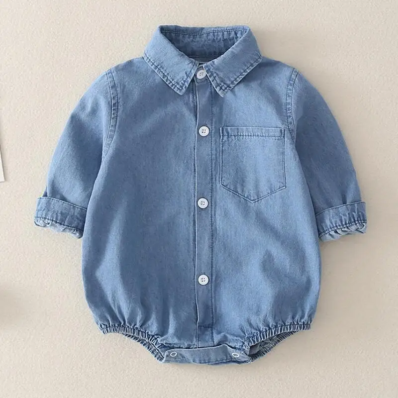 Boy Romper От 0 до 2 лет для новорожденных мальчиков и девочек, джинсовый комбинезон с оборками, хлопковый комбинезон с длинными рукавами синего цвета, осенняя одежда для малышей - Цвет: Boy Romper