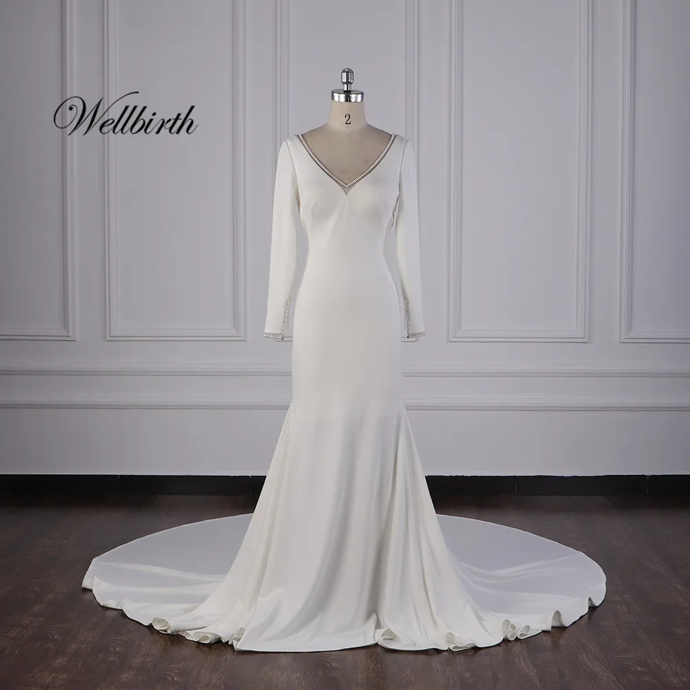 Реальное изображение Wellbirth Vestido de novia v-образный вырез Русалка свадебное платье js006