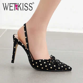 

WETKISS Woman Stilettos Sandals Big Size Ladies Sandals Polka Dot Thin High Heels Slingback Bow Tie Women Shoes Dress