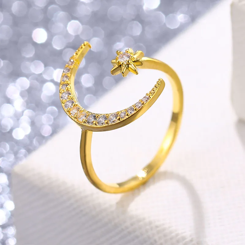 Finger Ring EN New Fashion Crytal Moon & Star Open for Women Girls Wedding Engagement,ring set,gold color rings,stainless steel ring,tibetan silver rings,signet ring,finger watch ring,finger ring,gold color ring,chain ring,half face ring,amethyst zirconia ring,silver ring,opening ring,fidget spinner ring,sparkling heart ring,tungsten ring,adjustable rings,zircon crystal ring,wedding rings,moissanite diamond ring,color change ring,wedding ring,ceramic ring,animal ring