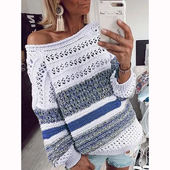 

Women Sexy Hollow Out O Neck Loose Casual Color Patchwork Sweater Ladies Fashion Streetwear Long Sleeve Knit Pullovers SJ4435U