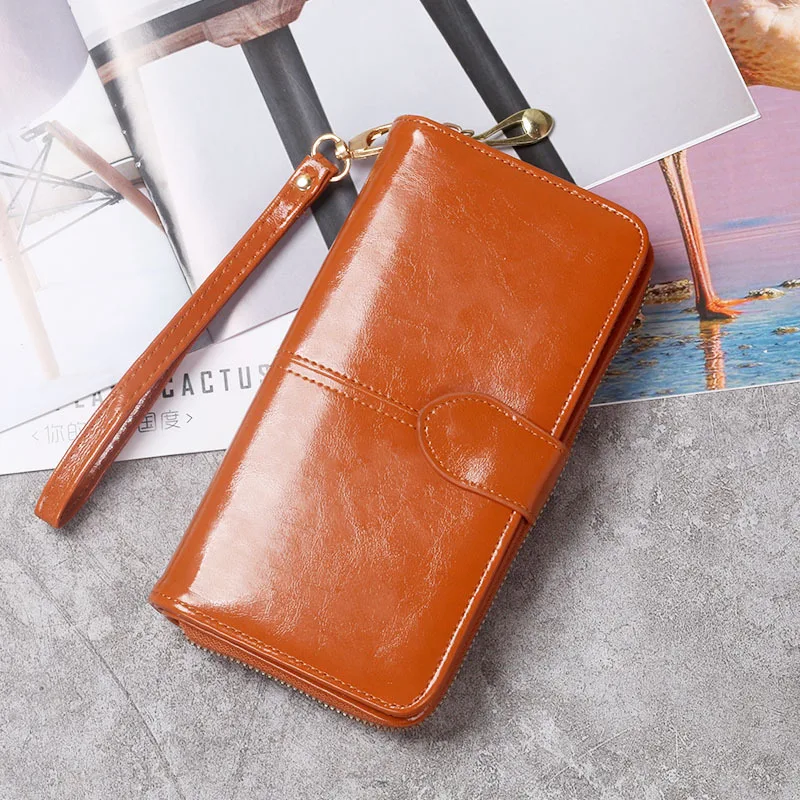 

2020 hot oil wax leather wallet cross border oil skin mobile phone bag long zipper coin bag women's card bag large banknote