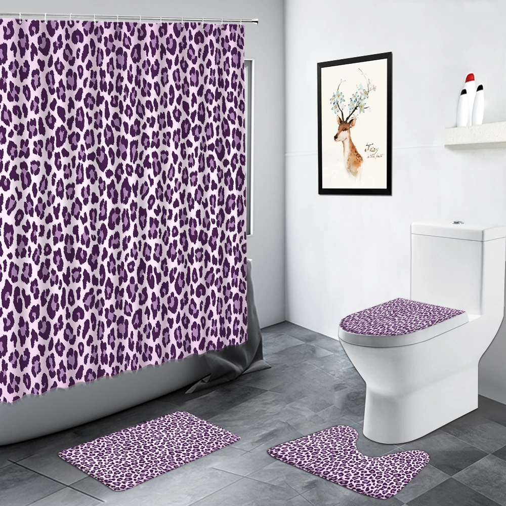 

Purple Leopard Pattern Shower Curtains Set Creative Fashion Home Decor Bathroom Carpet Anti-slip Door Rug Toilet Cover Bath Mats