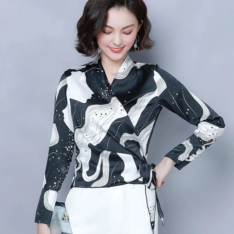 

COIGARSAM Casual Print Shirt Womens tops Spring Full Sleeve Chiffon High Waist V-Neck Women shirts Design And Color 6685