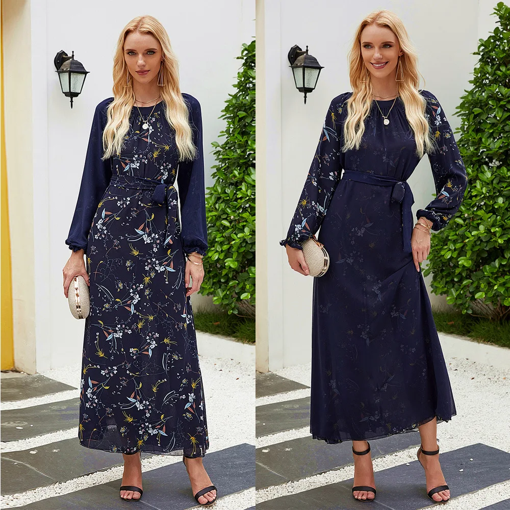 

High Grade Pajamas Printed Dress Muslim Abaya Full Sleeve Fashion Women's Long Maxi Dress Chiffon Two-Sided Floral Flower