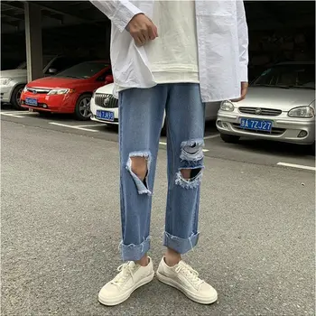 

2020 New Autumn Korean Version Of Solid Color Men's Loose Wild Straight Ripped Hip-hop Jeans Plus Size M-2XL