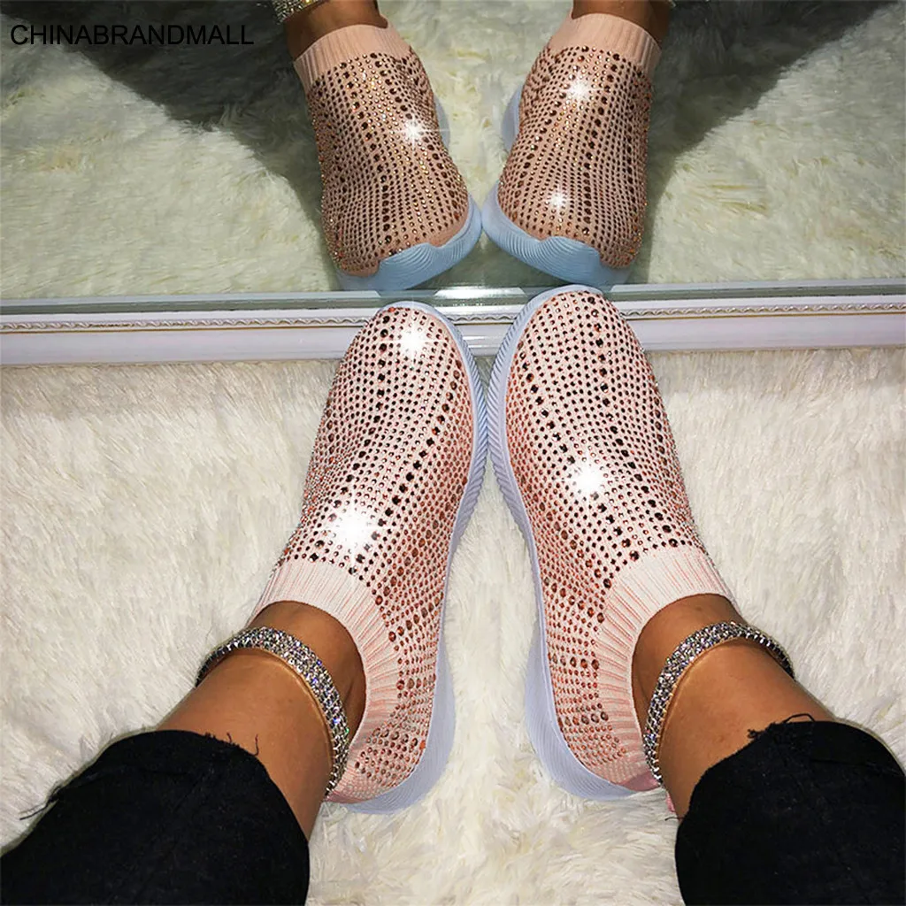 

Women's Sequins Outdoor Breathable Casual Shoe Crystal Bling Sock Comfortable Shoes Trainers Slip on Sport Shoe Zapatillas Mujer