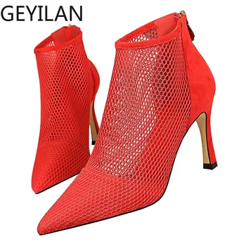 

2019 Women Fetish Stripper Sandals Short Ankle Boots 10.5cm High Heels Slip On Prom Red Gladiator Embroider Summer Mesh Shoes