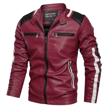 

Men's Jacket PU Leather Sports Striped Patchwork Jacket Men Clothing Zipper Motor Biker Coat Outdoor Jackets Chaquetas Hombre