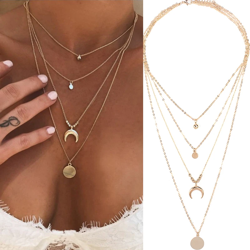 Necklace Chain Vacation-Accessories Choker Moon Pendant Bohemia Jewelry Multilayer Long-Crescent
