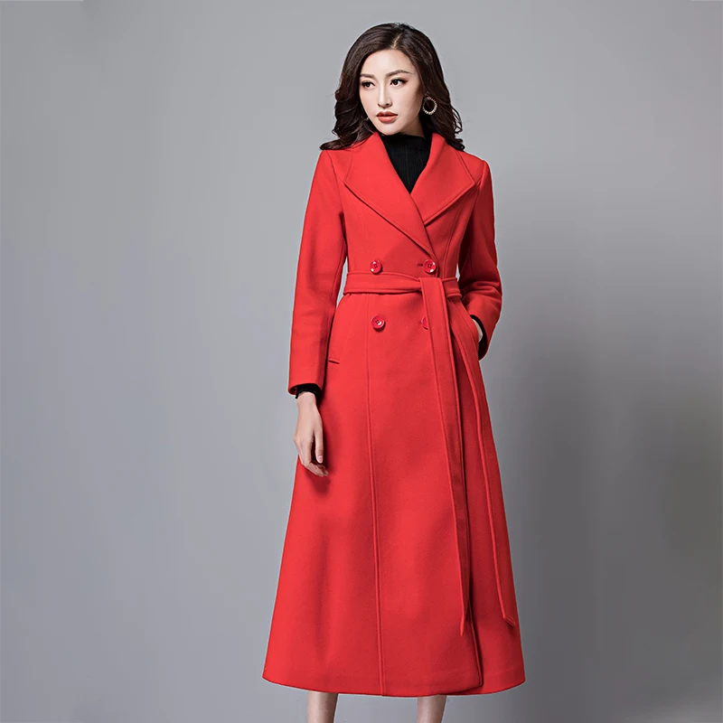 Winter Woman Coats Autumn and Winter New Lapel Thickening Women Long Coat Fashion Red Slim Woolen Coat Female Jacket