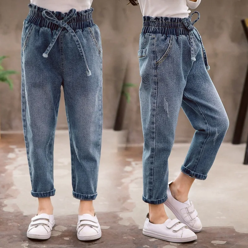 New Kids Fashion Jeans Pants for Girls Casual Children Denim Elastic Waist Trousers Autumn Teenage Girls Clothing 4-13 Years