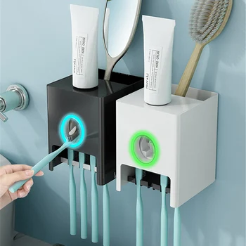 

GURET New Automatic Toothpaste Squeezer Dispenser Wall Toothbrush Holder All-in-one Storage Rack Organizer Bathroom Accessories