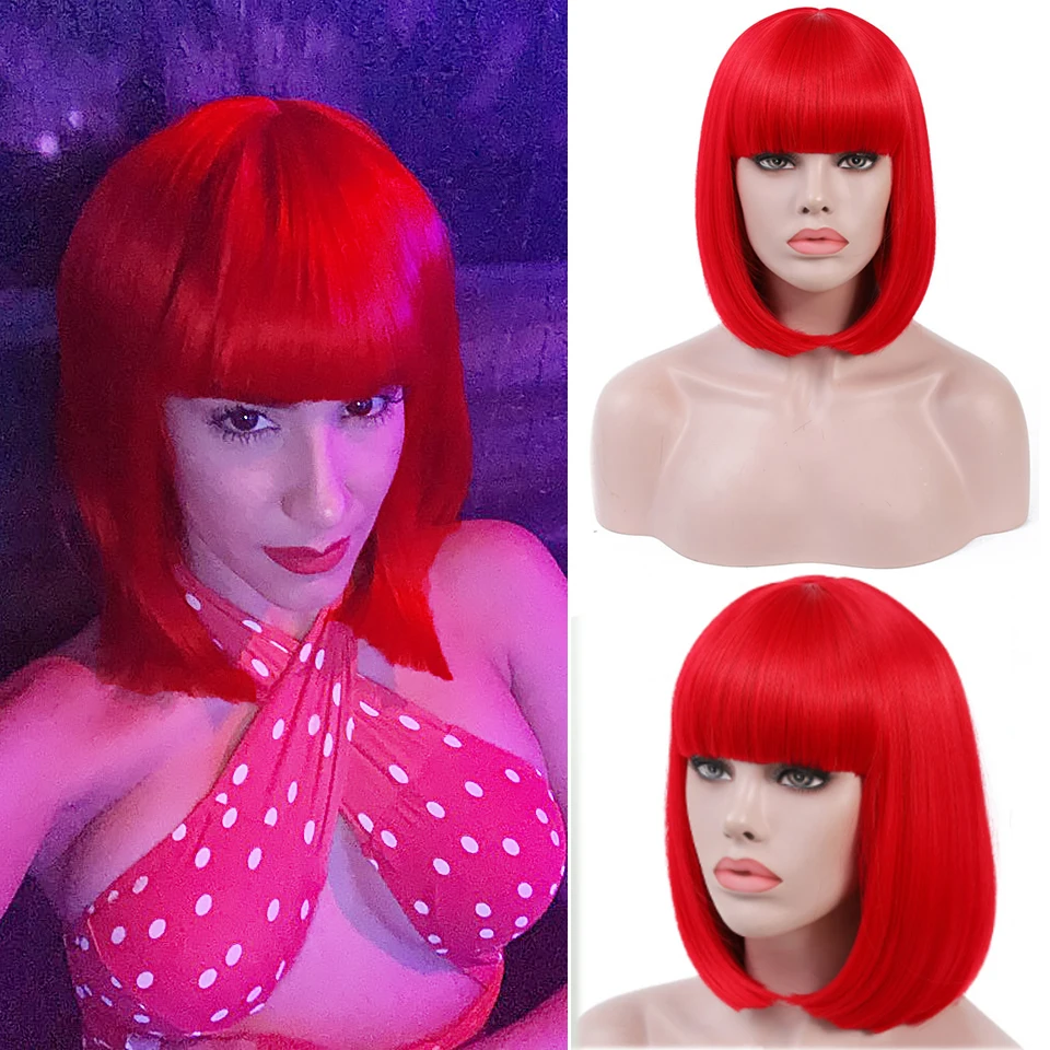 

FREEWOMAN Red Short Bob Wig With Bang Hair Extension Straight Synthetic Wig Lolita Styled Wigs For Woman Red Pink American Style