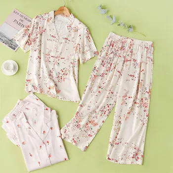 

Summer Women's Pajamas Set Printed Short-sleeved Cardigan Tops with Long Trousers Multicolor Optional Summer Pyjamas Women