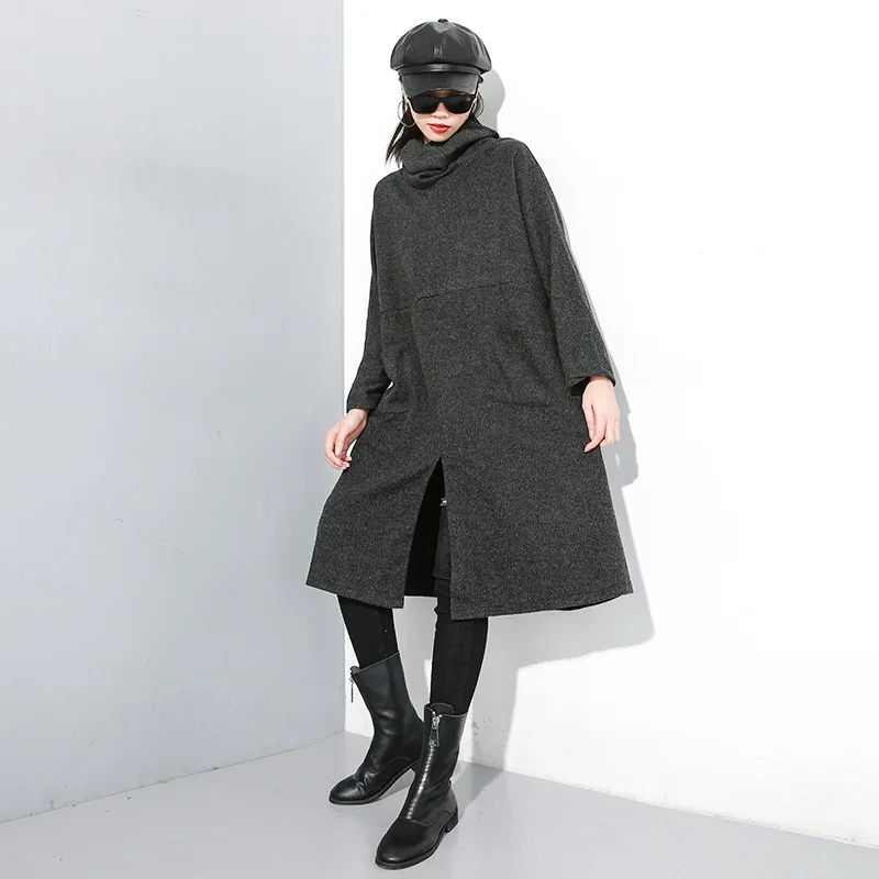 Gray J248 Новинка, длинный рукав, женская зимняя модная одежда размера плюс, платье черного цвета, хаки, водолазка, женское свободное прямое платье, халат J248 - Цвет: Gray J248