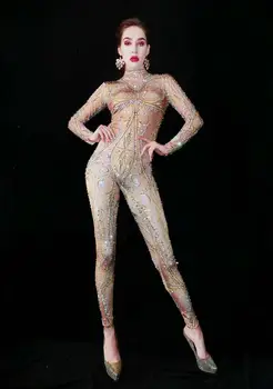 

Sexy Rhinestone Jumpsuit Sparkly Stones Bodysuit Stage Wear Women Celebrate Female Singer Crystals Dance Performance Costume