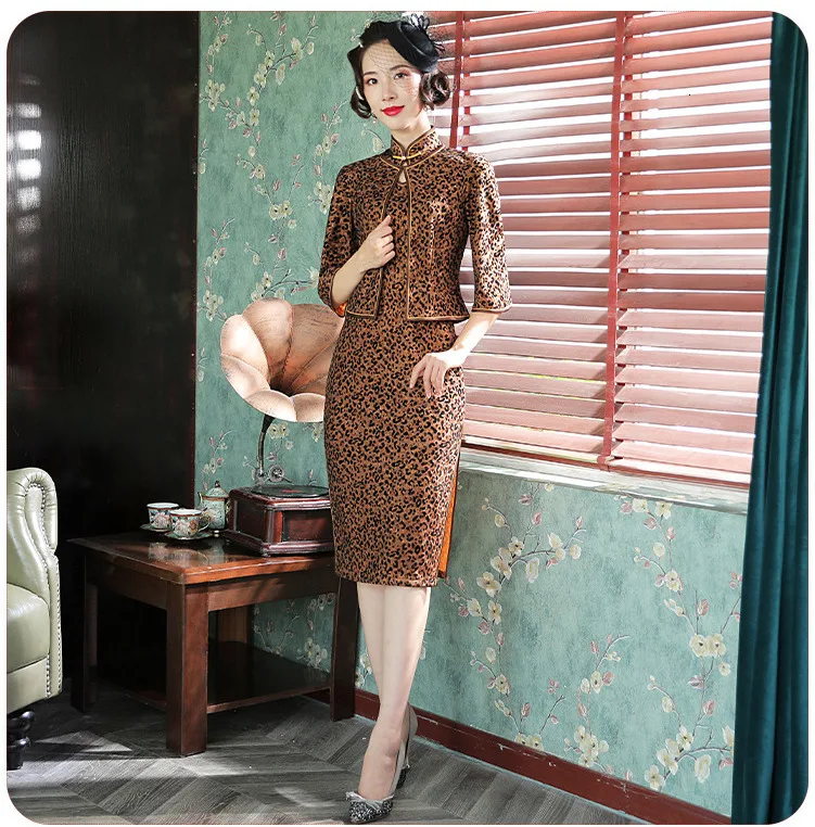 2 шт. женская одежда без рукавов велюровый Леопардовый Qipao с длинными рукавами Топы до колена cheongsam платье сексуальный банкетный костюм-платье женское