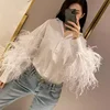 Casual Patchwork Feather Blouse For Women Lapel Lantern Sleeve White Solid Shirt Female Fashion  2