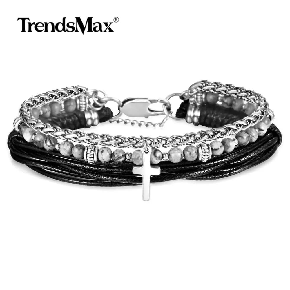 

Natural Map Stone Beaded Bracelet for Men Boy Women Stainless Steel Rope Link Chain Cross Charm Leather Bracelet Gift DLB177