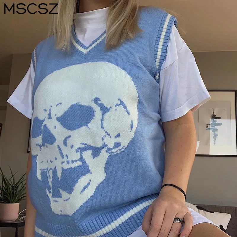 2021 Autumn Women's Knitted Vest Blue Skull Print Sleeveless Sweater Waistcoat Casual Oversize Pullover Green Black |