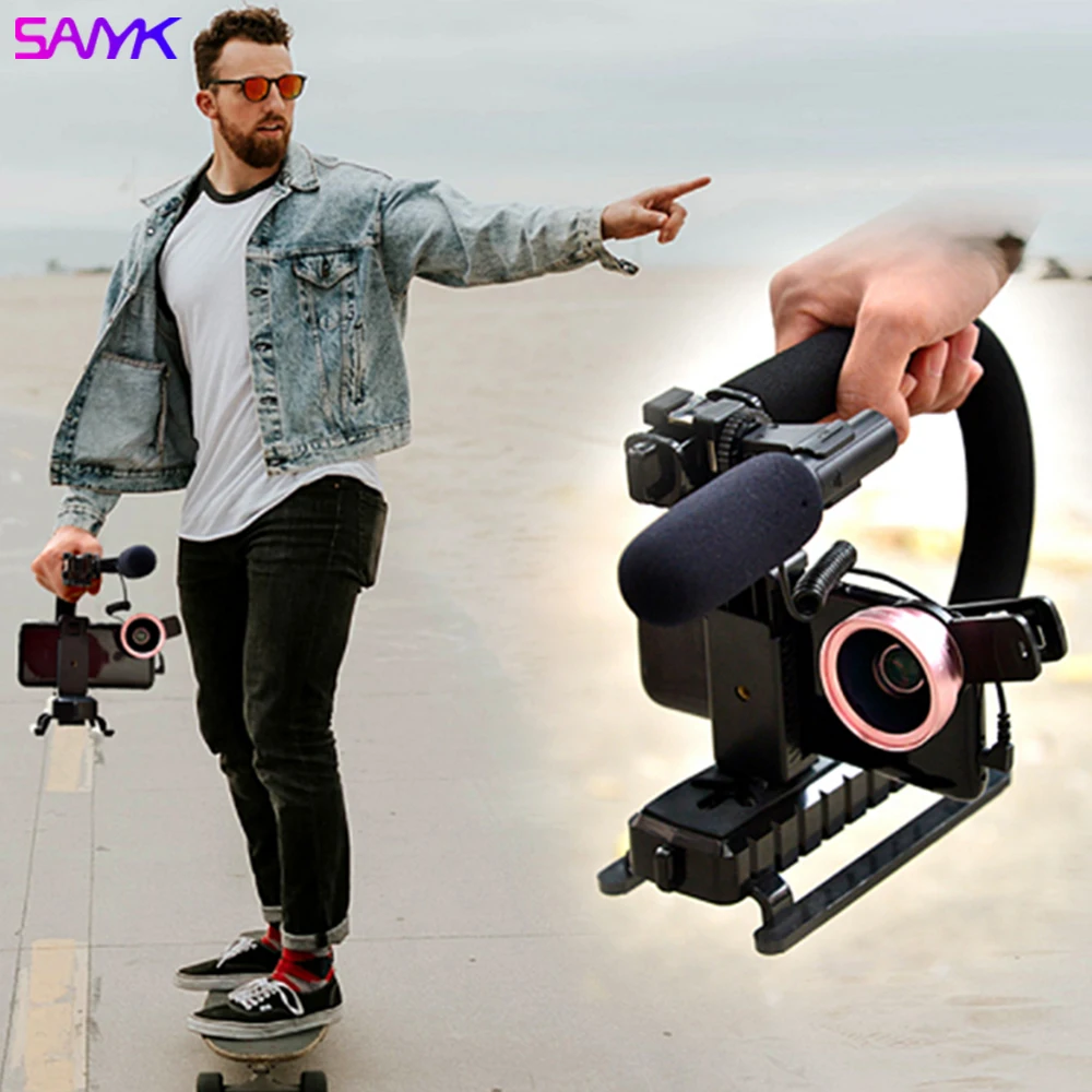 Sanyk-estabilizador de Vídeo para Câmera de Celular Estabilizador de Vídeo Incluindo o Microfone com Luz de Preenchimento de Led em Forma de u de u - Image 4