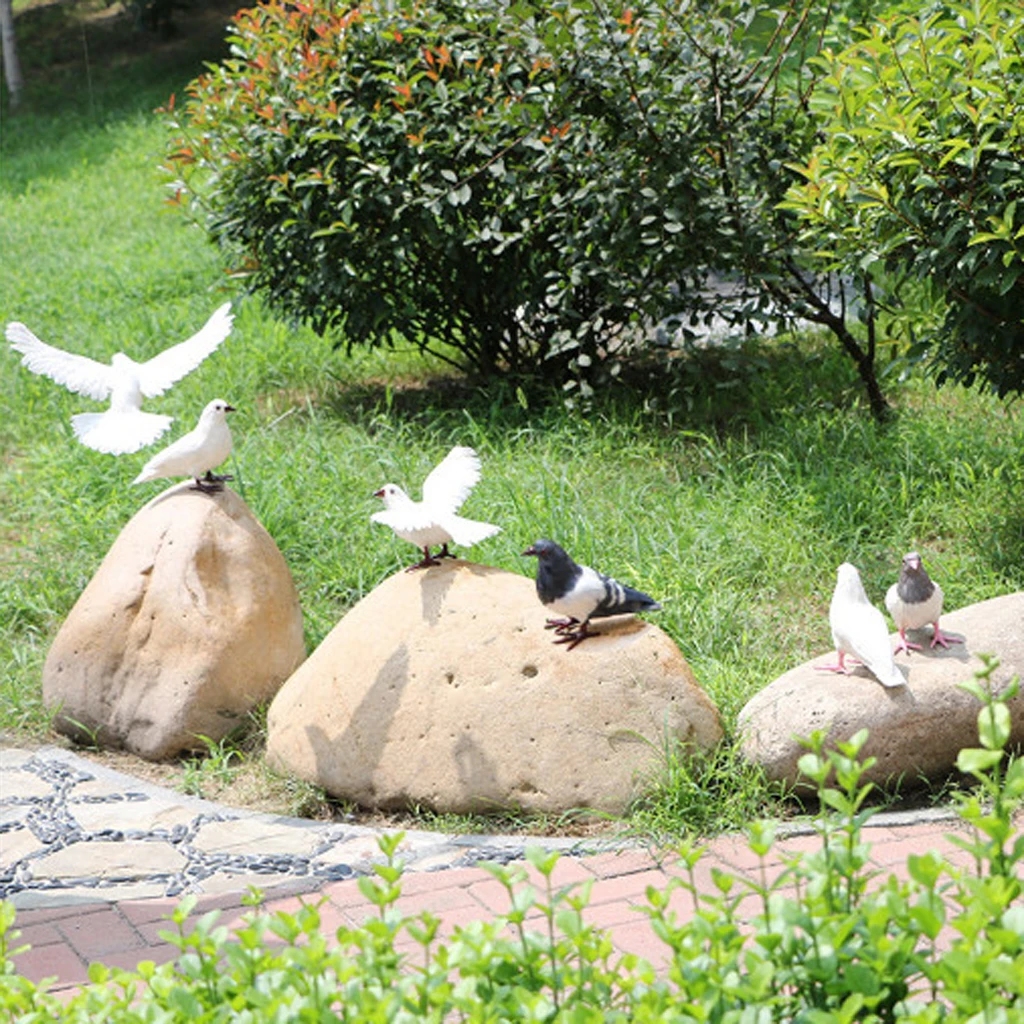 Artificial Feathered White Doves Standing & Flying Realistic Birds Statues Ornaments for Home Tabletop Décor Garden Decoy