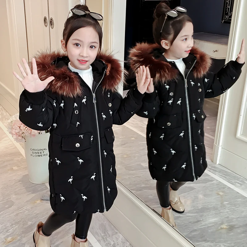 Детская зимняя куртка для девочек, теплая верхняя одежда с капюшоном, пальто, утепленная куртка, детская одежда, зимние парки с фламинго, одежда для больших девочек - Цвет: Черный