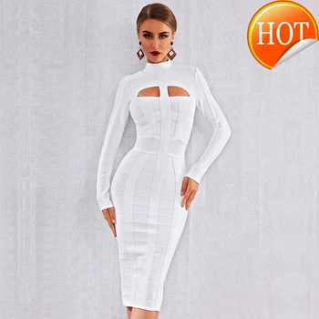 

Spring 2020 New Women White Bodycon Bandage Dress Long Sleeve Sexy Hollow Out Club Celebrity Evening Party Dress Vestidos