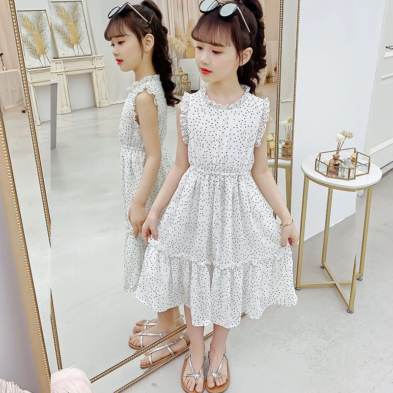 

2020 New Teenage Girls Summer Maxi Dress For Kids Patchwork Children Dress Baby Dot Chiffon Long Dresses Girl Clothes White Red